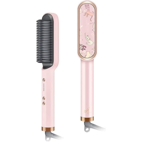 2-in-1 Hair Straightener Brush and Curler | Fast Heating Ceramic Straightening Brush (30S) with Anti-Scald Feature | 5 Temperature Settings for All Hair Types | Pink