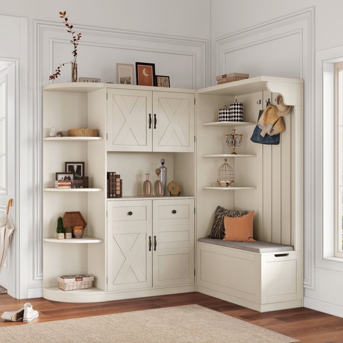 2-in-1 Hall Tree & Storage Cabinet with Shoe Bench, Multifunctional ...