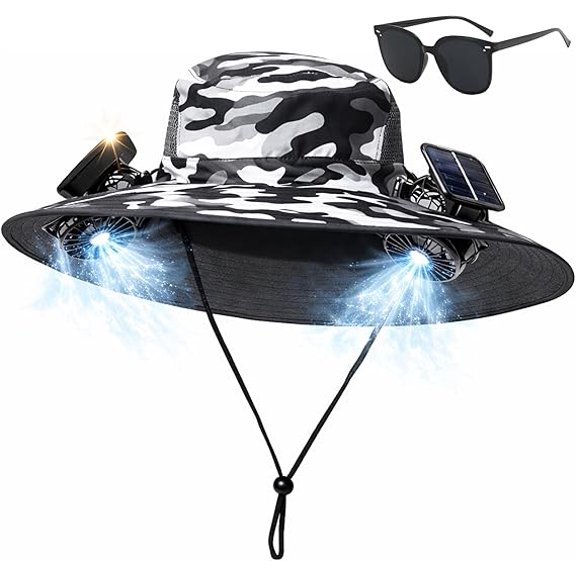 2-in-1 Hands-Free Hat Fan, UPF 50+ Wide Brim Sun Hat with Dual Solar Outdoo Fans, USB Charging, Adjustable Wind Speed(Camouflage a)