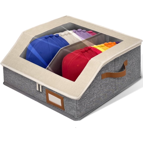 2-in-1 Hat Organizer for Baseball Caps Holds 24-30 Caps Hat Storage with Adjustable Divider Stackable Hats Holder for Closet with Clear lid Cowboy Hat Box for Men Women 1 PCS Beige and Grey