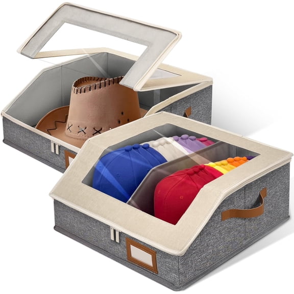 2-in-1 Hat Organizer for Baseball Caps Holds 48-60 Caps Hat Storage with Adjustable Divider Stackable Hats Holder for Closet with Clear lid Cowboy Hat Box for Men Women 2 PCS Beige and Grey