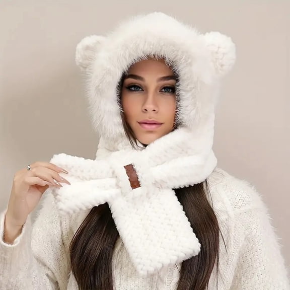 2-in-1 Hat Scarf Integrated Ear Protection Windproof Hat Scarf Winter Warm Hat Scarf White One Size