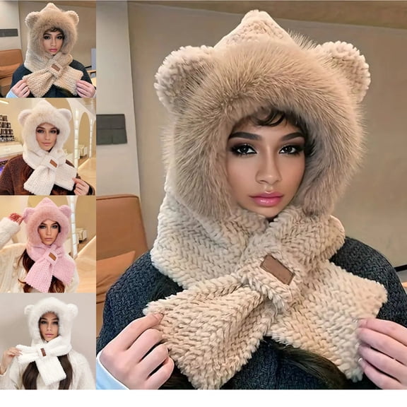 2-in-1 Hat Scarf Integrated Ear Protection Windproof Hat Scarf Winter Warm Plush Hat Scarf Khaki Free