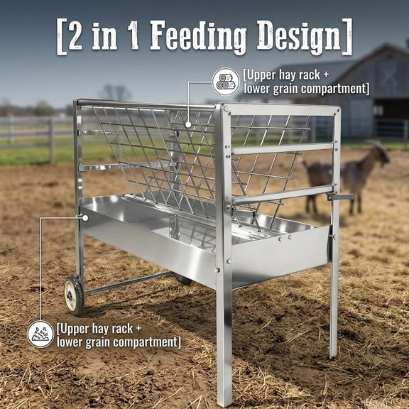 2-in-1 Heavy Duty 65LBS Hay Rack with Wheels, Easy Move Mobile Grain Bin, Galvanized Steel Feed Trough, Corrosion Resistant Feeding Container for Goats Sheep on Pasture