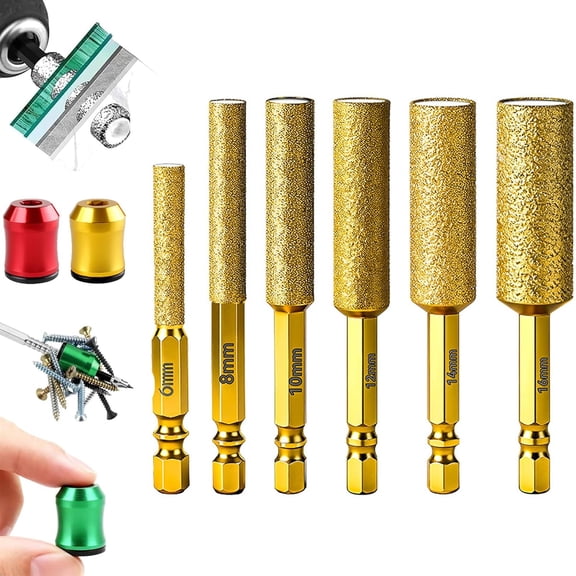 2-in-1 Hexagonal Shank Braising Dry Drilling Specialized Hole Opener,6/8/10/12/14/16mm Diamond Hole Saw Kit,Specialized Holes Opener for Bathroom Renovation and Masonry DIY (Gold 6+8+10+12+14+16mm)