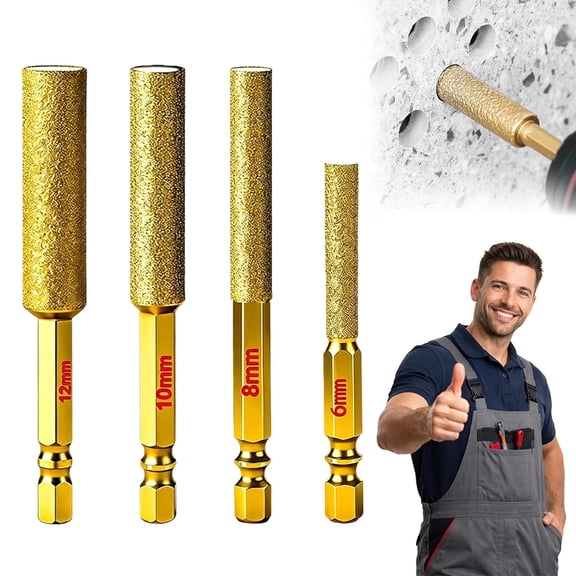 2-in-1 Hexagonal Shank Brazing Dry Drilling Specialized Hole Opener, Diamond Core Drill Bits Set, 6/8/10/12mm Hole Saw Kit with Hex Shank for Tile, Glass, Ceramic & Metal (Gold)