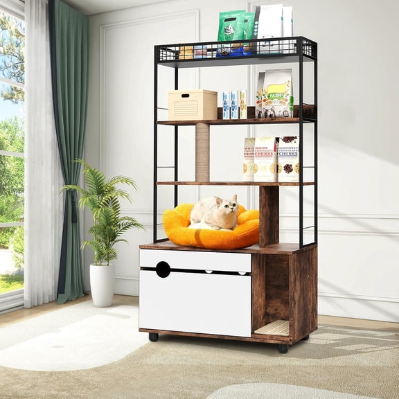 2-in-1 Hidden Litter Box Enclosure with Storage Shelves & Cat Scratching Post,Wood & Metal Cat Cabinet, Brown