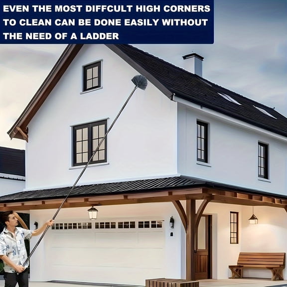2-in-1 High Ceiling Dusting Kit - 20ft+ Extension Pole with Spider Web Cleaner, No Electricity Needed - for Living Room, Bedroom, Bathroom, Kitchen & Outdoor Use
