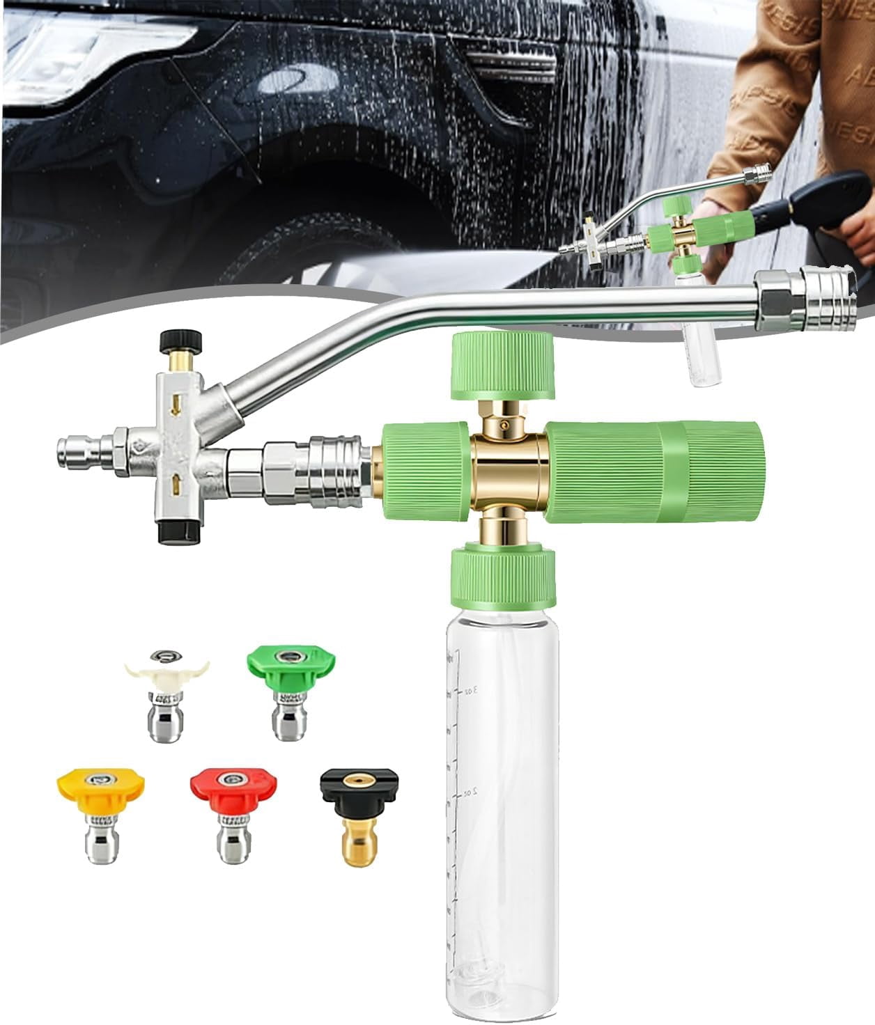 2-in-1 High Pressure Car Washer Nozzle Set, 5 PCS Pressure Washer Sprayer Tips, Quick Connect Foam Cannon, Adjustable Foam Flow for Car Pool Patio Toilet Outdoor Cleaning(k)