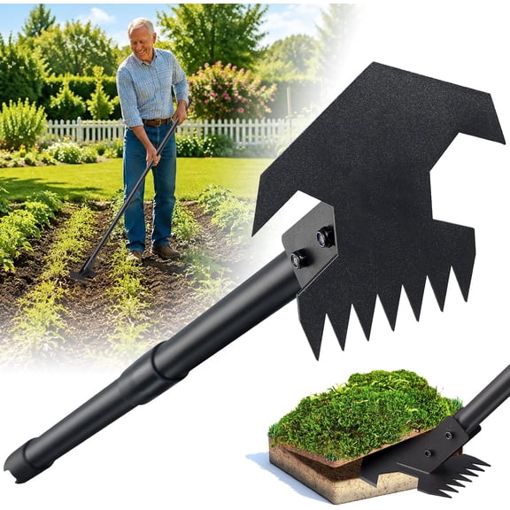 2-in-1 Hoe Garden Tool for Complete Weeds Removal - Sharp Garden Weed Pulling Tool Uprooting,48in Adjustable Heavy Duty Long Handle Garden Hoe and Weeding Rake,Rocket Shaped Action Hoe for Gardening