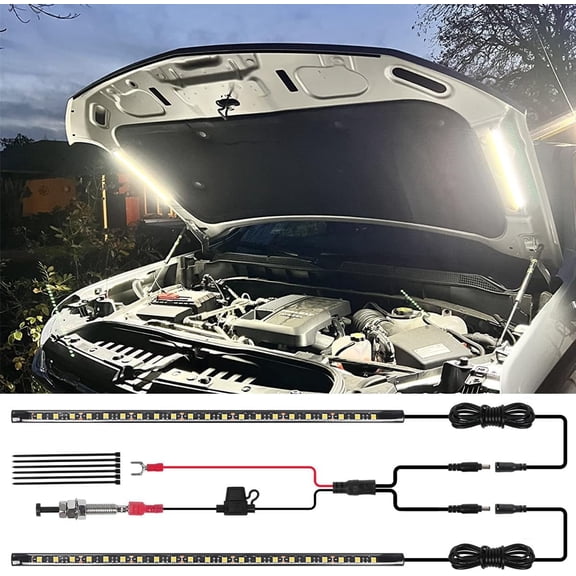 2-in-1 Under Hood LED Light Kit, Waterproof 12V Car LED Light Bar Car Underhood Work Lights with Automatic On/Off, 2pcs 36cm/14.17in 21LEDs Light Strip Kit, Universal Fits Any Vehicle