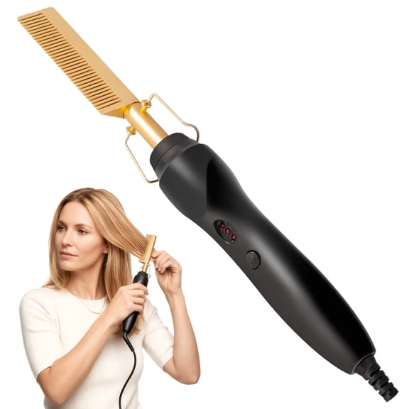 2-in-1 Hot Comb Straightener, Adjustable Temperature Electric Hair Straightening Comb, Wet & Dry Use, Anti-Scald for All Hair Types