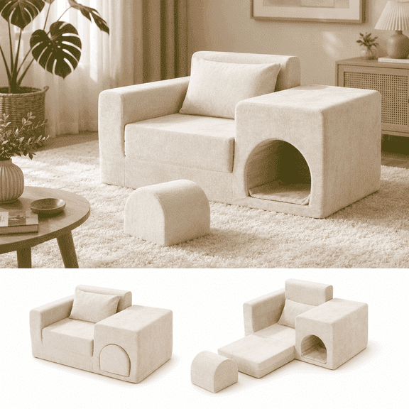 2-in-1 Faux Velvet Lounge Chair with Built-In Pet Cave, Ottoman, Memory Foam Seat, Washable Mat and Pillow for Cats and Small Dogs, Beige