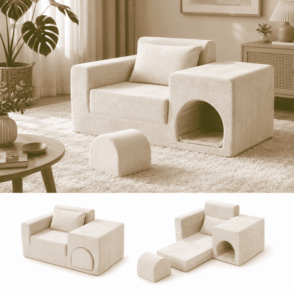 BelvaraHome Faux Velvet Lounge Chair, 2-in-1 Pet Bed with Ottoman, Memory Foam Seat, Washable Cushion for Small Dogs, Beige
