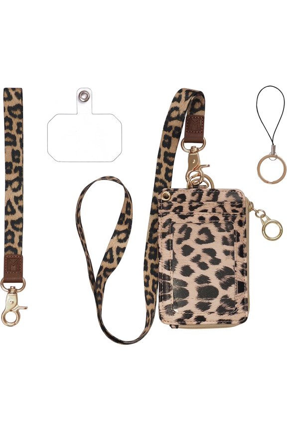 2-in-1 ID Badge Holder & Lanyard Wallet - Multi-Use Womens Small Wallet with Removable Wristlet &  Lanyard, Clear Window, 5 Card Slots, Phone Holder, Ring  - Leopard