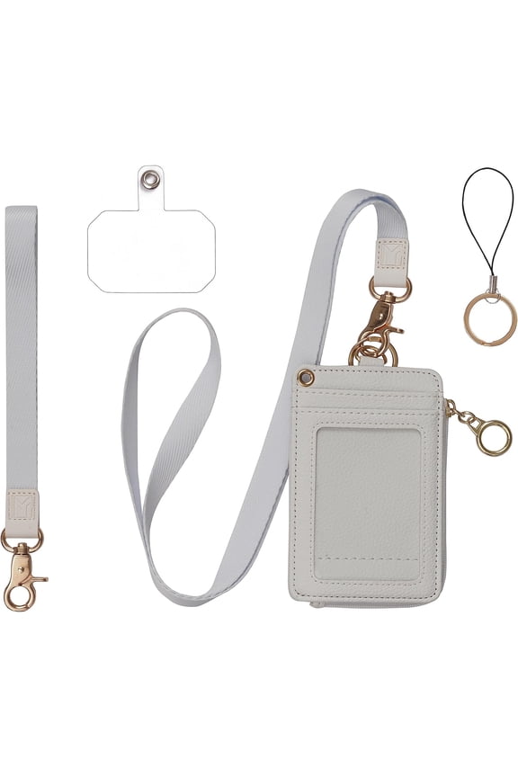 2-in-1 ID Badge Holder & Lanyard Wallet - Multi-Use Womens Small Wallet with Removable Wristlet & Neck Lanyard, Clear Window, 5 Card Slots, Phone Holder, Ring Keychain - Off White