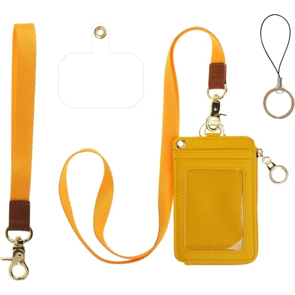 2-in-1 ID Badge Holder & Lanyard Wallet - Multi-Use Womens Small Wallet with Removable Wristlet & Neck Lanyard, Clear Window, 5 Card Slots, Phone Holder, Ring Keychain - Yellow