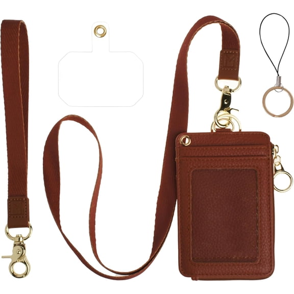 2-in-1 ID Badge Holder & Lanyard Wallet - Multi-Use Womens Small Wallet with Removable Wristlet & Neck Lanyard, Clear Window, 5 Card Slots, Phone Holder, Ring Keychain - Brown