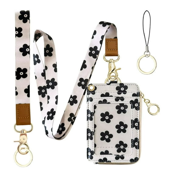 2-in-1 ID Badge Holder & Lanyard Wallet for Womens Cute Black Flower Leather Zip ID Case Wallet with Breakaway Wrist & Neck Lanyard, Clear Window, 5 Card Slots, Ring Keychain for Worker Teacher Nurse