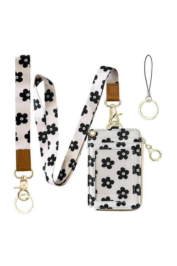 2-in-1 ID Badge Holder & Lanyard Wallet for Womens Cute Black Flower Leather Zip ID Case Wallet with Breakaway Wrist & Neck Lanyard, Clear Window, 5 Card Slots, Ring Keychain for Worker Teacher Nurse