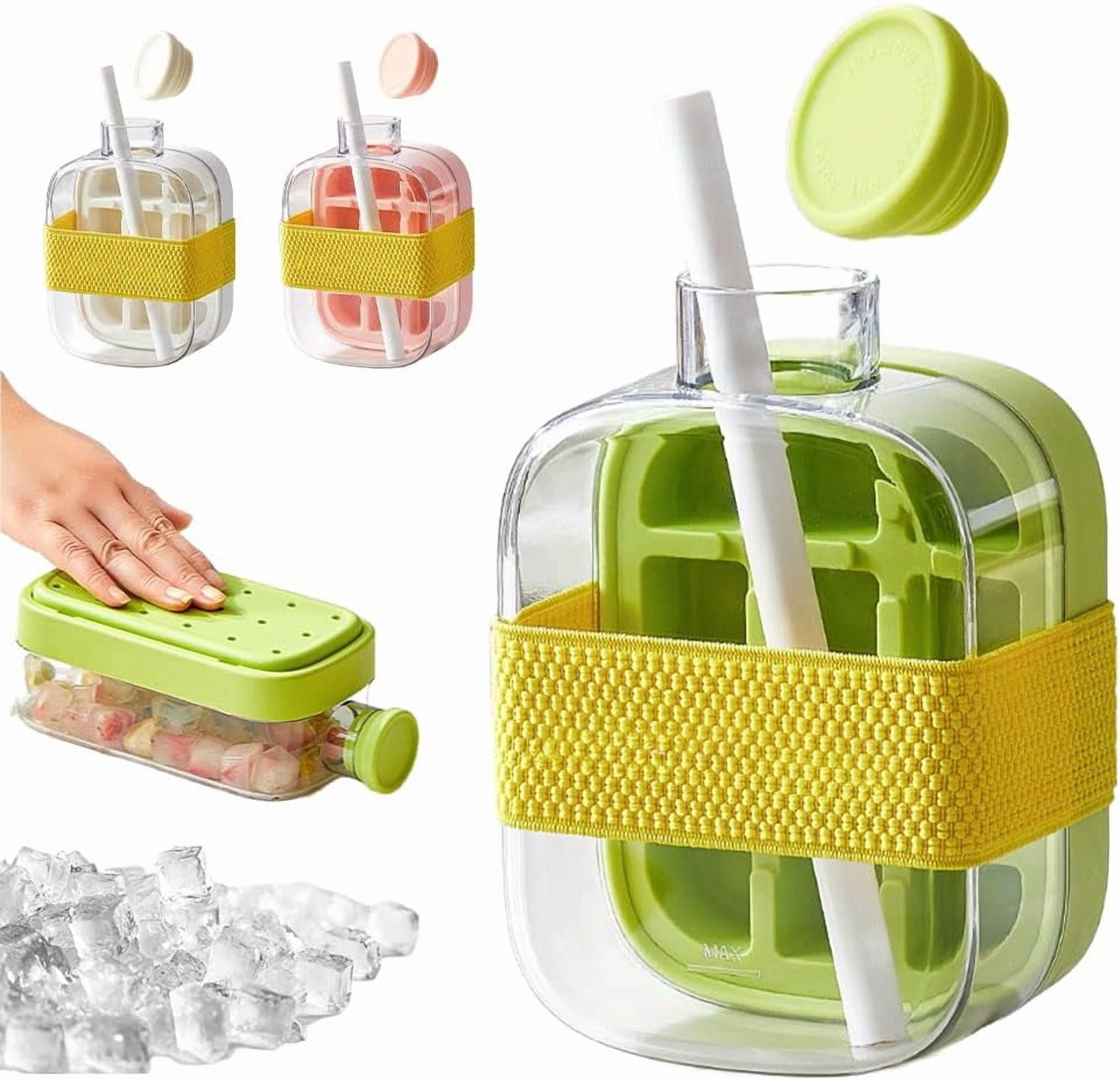 2-in-1 Ice Cube Bottle with Straw, Easy Press Ice Tray Water Bottle, Leak Proof Lid, Vertical Ice Maker for Freezer, Travel, Gym & Home Use (Green, 500ml)