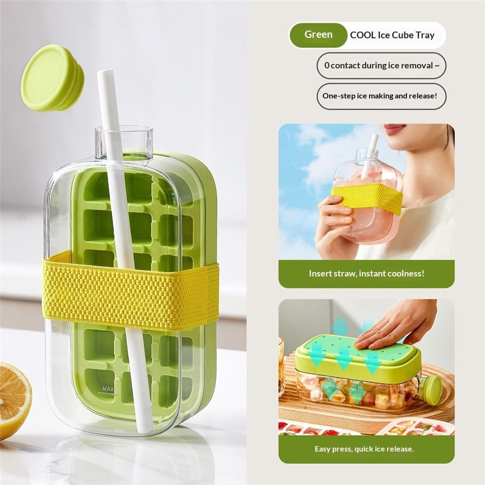 2-in-1 Ice Cube Bottle with Straw - Easy Press Ice Tray Water Bottle, Leak Proof Lid, Vertical Ice Maker for Freezer, Travel, Gym & Home Use (Green, 800ml)