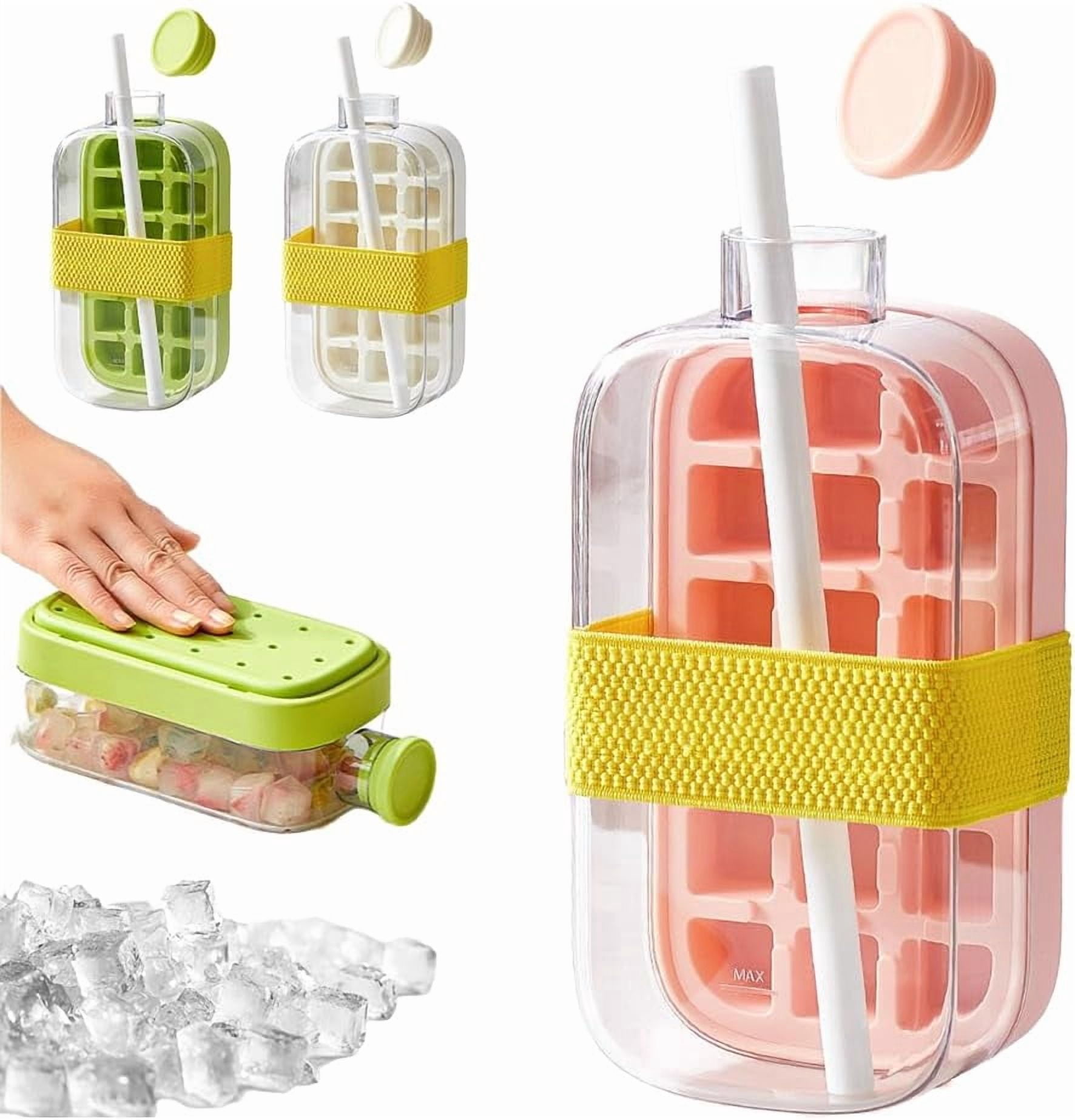 2-in-1 Ice Cube Bottle with Straw, Easy Press Ice Tray Water Bottle, Leak Proof Lid, Vertical Ice Maker for Freezer, Travel, Gym & Home Use (Pink, 500ml)
