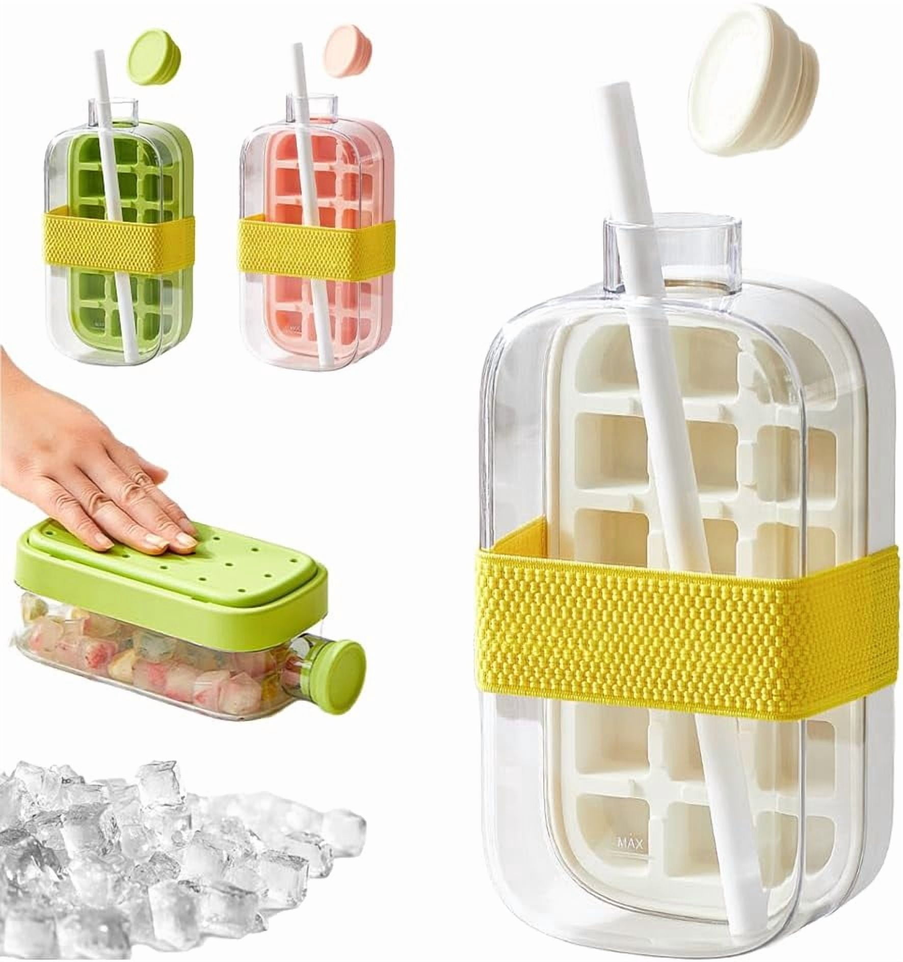 2-in-1 Ice Cube Bottle with Straw, Easy Press Ice Tray Water Bottle, Leak Proof Lid, Vertical Ice Maker for Freezer, Travel, Gym & Home Use (White, 800ml)