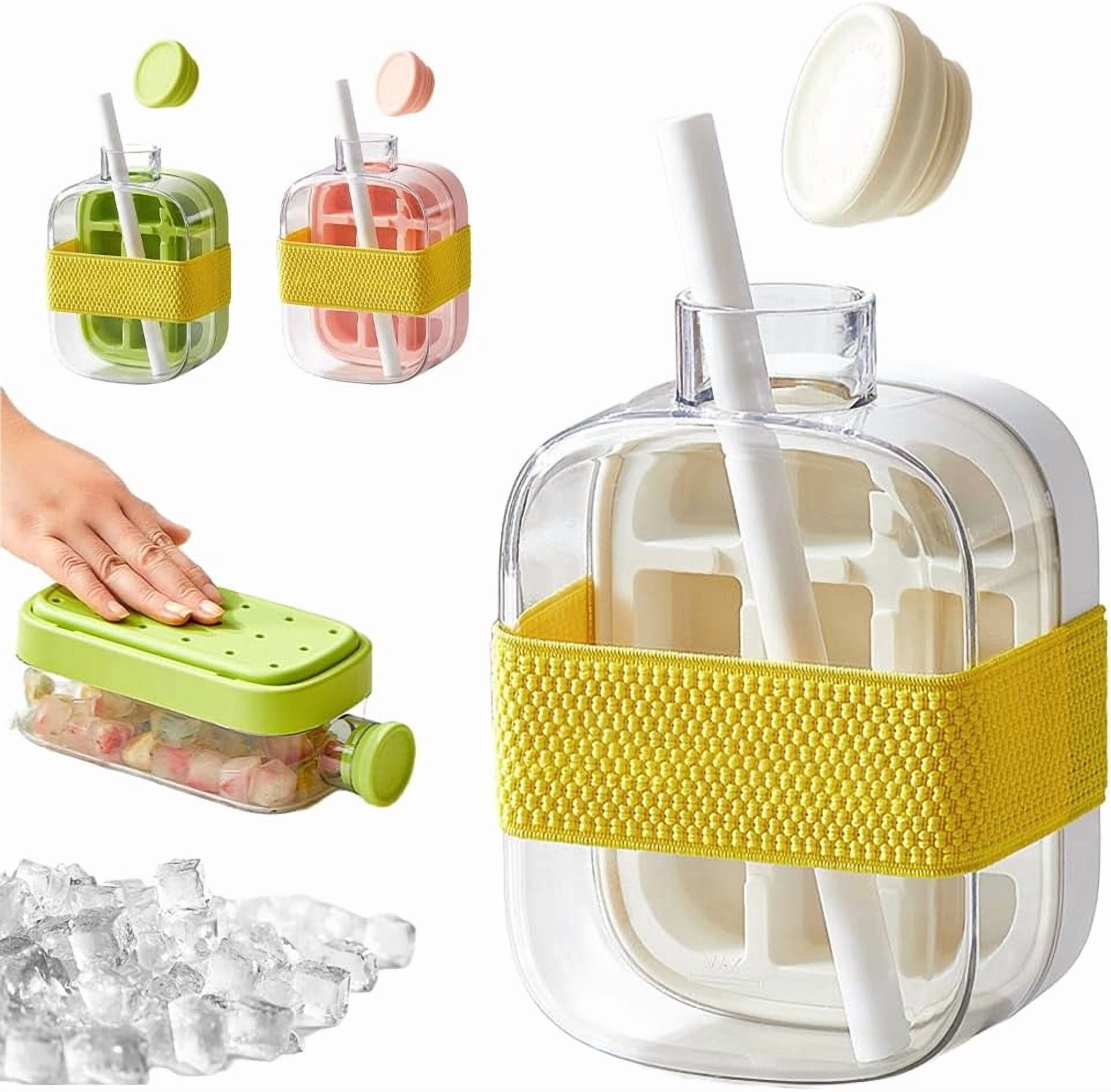 2-in-1 Ice Cube Bottle with Straw, Easy Press Ice Tray Water Bottle, Leak Proof Lid, Vertical Ice Maker for Freezer, Travel, Gym & Home Use (White, 800ml)