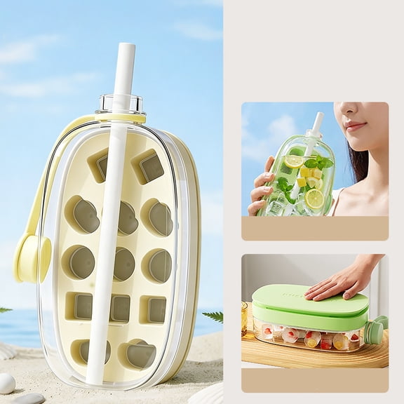 2-in-1 Ice Cube Bottle with Straw, Leak-Proof Ice Tray Cup with Built-in Mold, One-Button Ice Release Drink Bottle for Home Office Travel Camping (1PCS White)