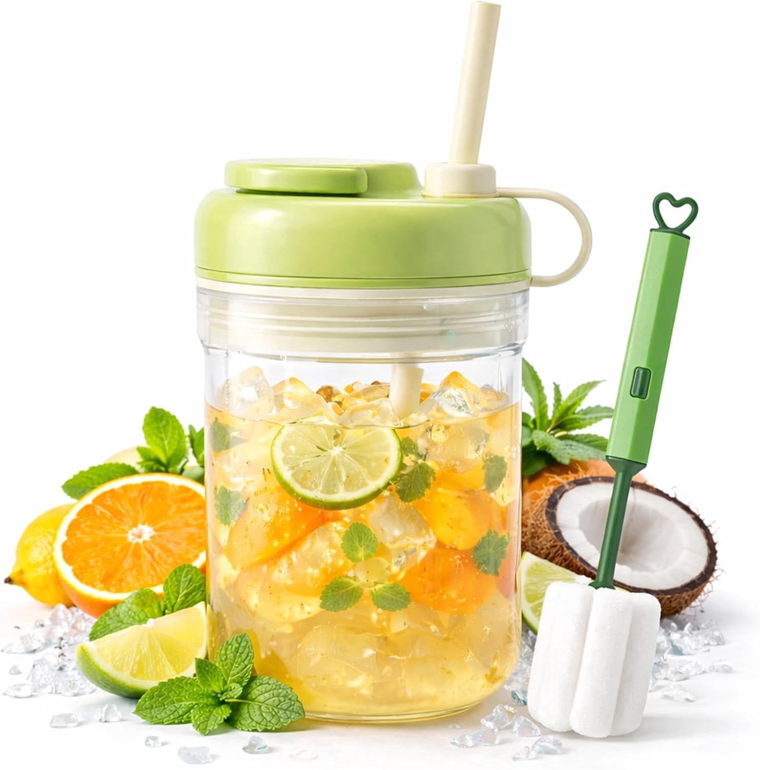 2-in-1 Ice Cube Bottle with Straw, Silicone Push-Release Ice Cube Cup, Touch-Free Press-to-Dispense Ice Tray for Iced Coffee, Cocktail, Whiskey & Juice, Home Office Outdoor