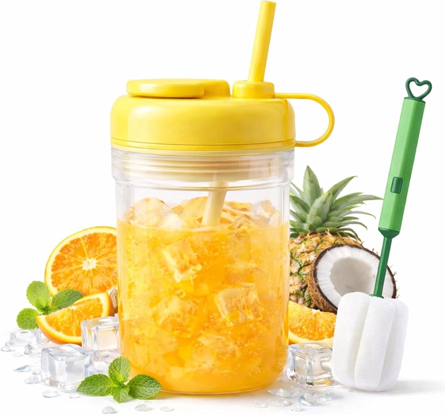 2-in-1 Ice Cube Bottle with Straw, Silicone Push-Release Ice Cube Cup, Touch-Free Press-to-Dispense Ice Tray for Iced Coffee, Cocktail, Whiskey & Juice, Home Office Outdoor