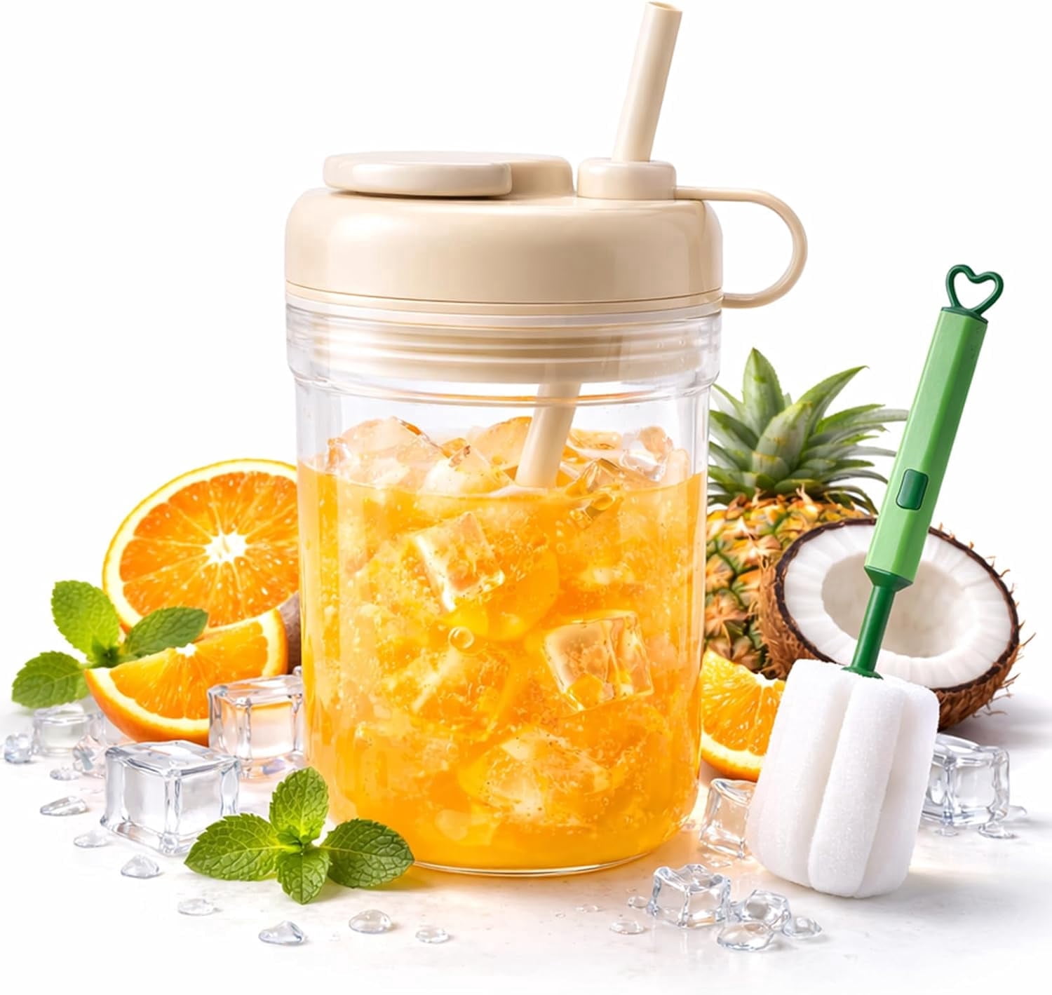 2-in-1 Ice Cube Bottle with Straw, Silicone Push-Release Ice Cube Cup, Touch-Free Press-to-Dispense Ice Tray for Iced Coffee, Cocktail, Whiskey & Juice, Home Office Outdoor