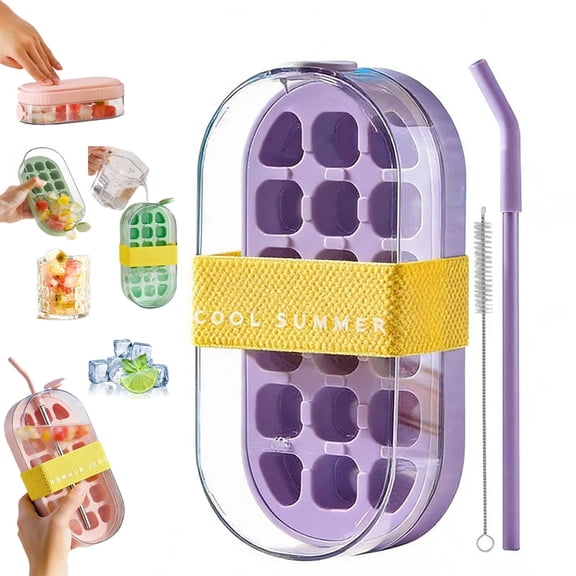 2-in-1 Ice Cube Bottle and Water Bottle with Straw, Portable Touch-Free Ice Cube Maker with Lid, Leakproof Ice Tray for Whiskey, Cocktail and Summer Drinks