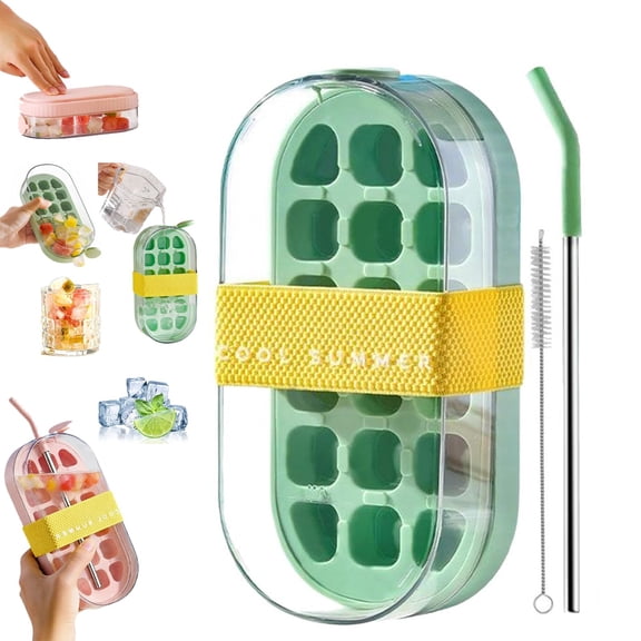 2-in-1 Ice Cube Bottle and Water Bottle with Straw, Portable Touch-Free Ice Cube Maker with Lid, Leakproof Ice Tray for Whiskey, Cocktail and Summer Drinks