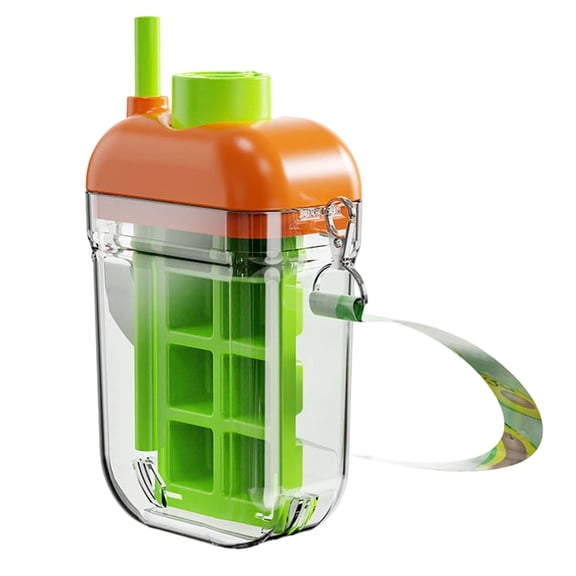 2 in 1 Ice Cube Water Bottle with Built In Ice Tray Leak Proof Flask with Hanging Strap for Travel Outdoor Use(Green-17.5cm)