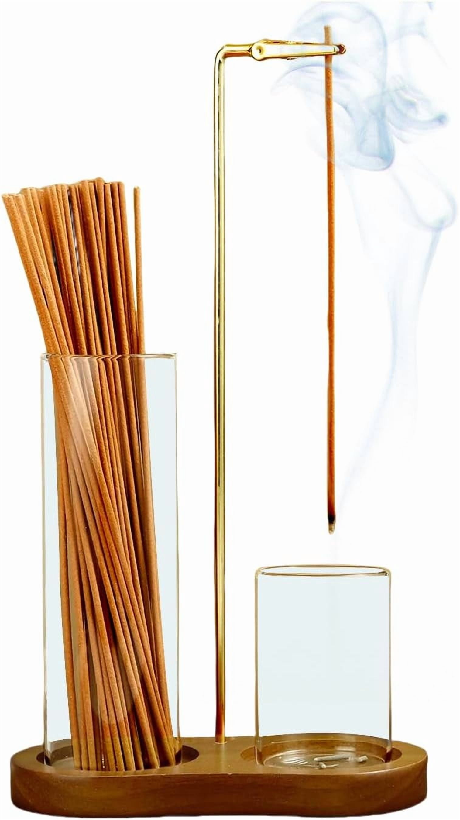 2-in-1 Incense Holder and Ash Catcher with 4.3oz Glass Jar, Dark Bamboo Base , Meditation Accessories for Yoga, Spa, Home Decor