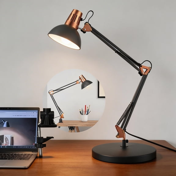 2-in-1 Industrial Swing Arm Clamp-On Desk Lamp, Adjustable Metal Task Light,Architect Drafting table Lamp for Home Office, Study, Workbench(No Bulbs)