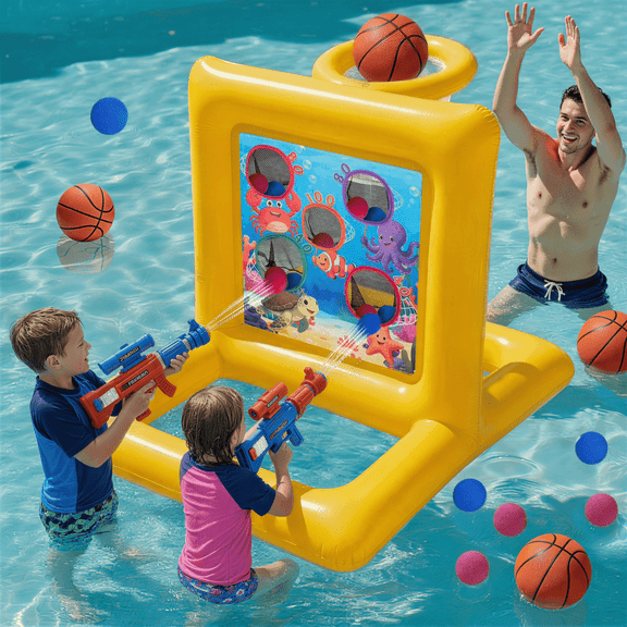 2-in-1 Inflatable Pool Basketball Hoop & Foam Ball Shooting Target Game - Premium Summer Water Activity Center for Family Pool Parties & Backyard Fun