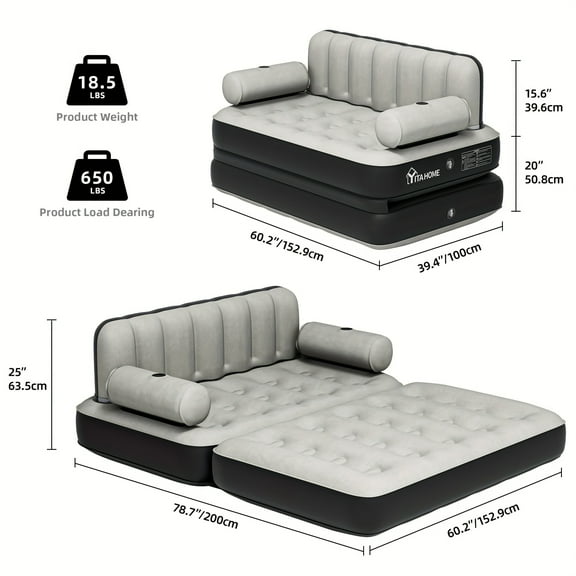 2-in-1 Inflatable Sofa Bed with Backrest & Cup Holders - Portable for Home & Camping