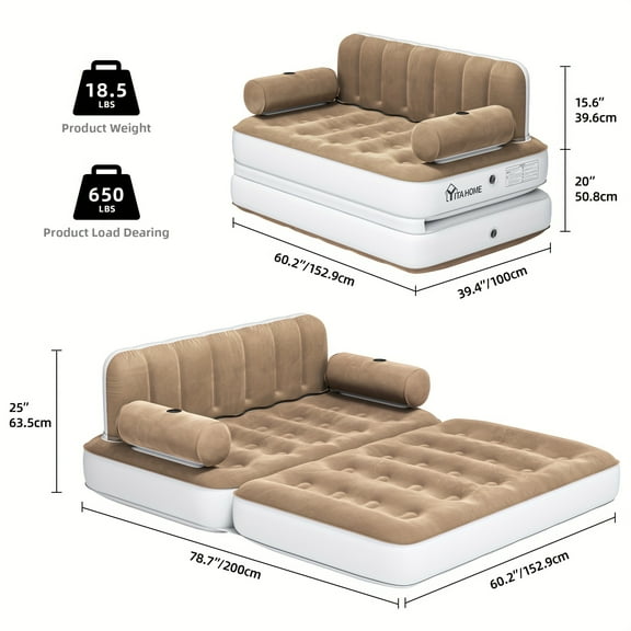 2-in-1 Inflatable Sofa Bed with Backrest & Cup Holders - Portable for Home & Camping