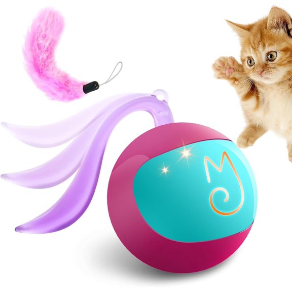 2-in-1 Interactive   Ball - Paw Friendly Kicking Chasing Ball with Bonus Fluffy Tail for Indoor Cats Random Rolling Auto Escape Corners Tangle-Free Quiet USB Rechargeable (Rose)