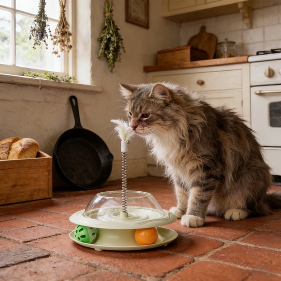 2-in-1 Interactive Cat Puzzle Toy with Treat Dispenser & Feather, Self-Righting Track Ball for Indoor Cats, Mental Enrichment Slow Feeder for Kittens & Cats