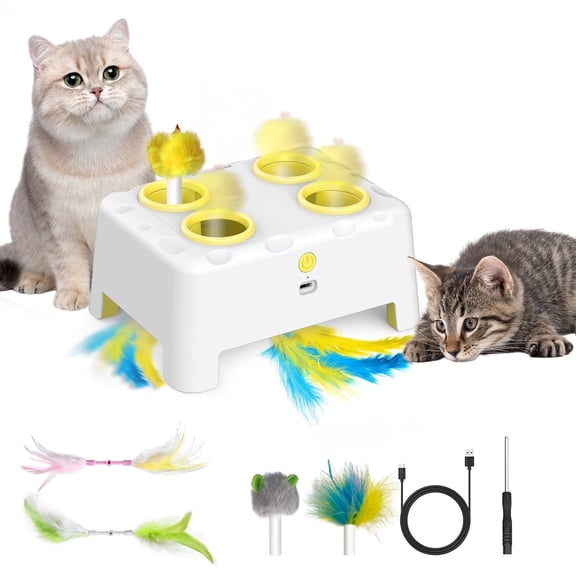 2-in-1 Interactive Cat Toys for Indoor Cats,Automatic Kitten Toy,4 Holes Mole,Rotating Feather, Rechargeable USB Interactive Cat Feather Toys for Bored Indoor Cats