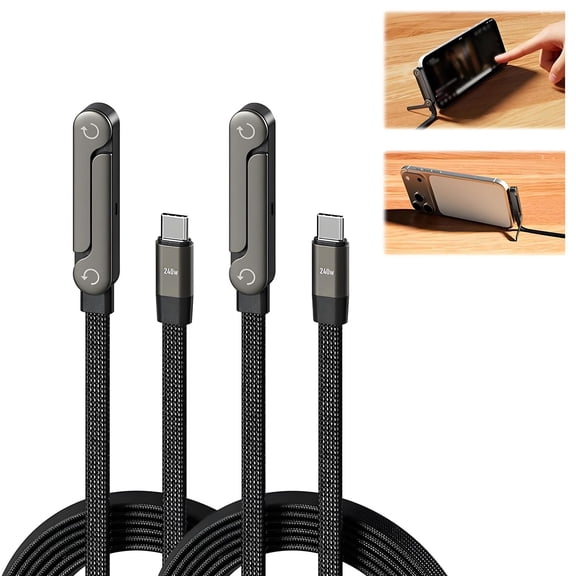 2-in-1 Invisible Holder Charger Cable with Stand, USB-A/USB-C to Type-C Dual-Head Design, 240W Sideways Phone Charger, Suitable for Carrying During Outdoor Travel