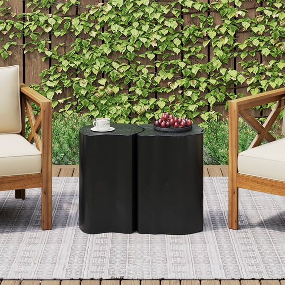 2-in-1 Irregular MGO End Table Black, Split Design Small Space Friendly Indoor Outdoor Use, Durable Fiberglass Magnesium Oxide Coffee Table for Patio Living Room