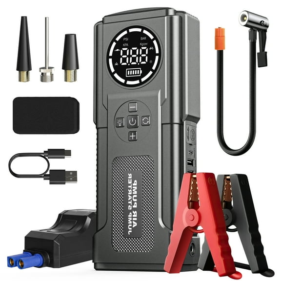 2-in-1 Jump Starter with Air Compressor, 4000A Portable Car Battery Jump Starter w/ 150PSI Tire Inflator, 12V Jump Box Car Battery Jumper Starter w/ LCD Display & Jumper Cables (All Gas/10L Diesel)