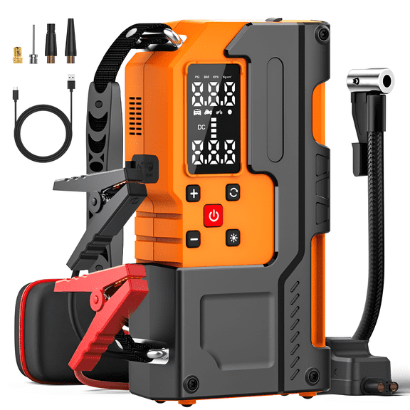2-in-1 Jump Starter Tire Inflator,3000A 10000mAh,150PSI Dual Display,Auto Shutoff,SOS LED & 4 Nozzle Accessory Kit