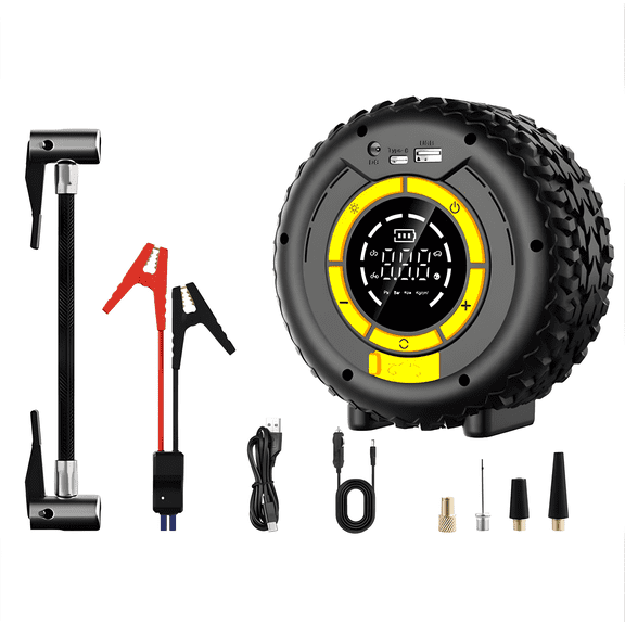 2-in-1 Jump Starter Tire Inflator,8000mAh 600A,Wireless&DC Dual Power,LED Digital Display & 3 Nozzle Accessory Kit