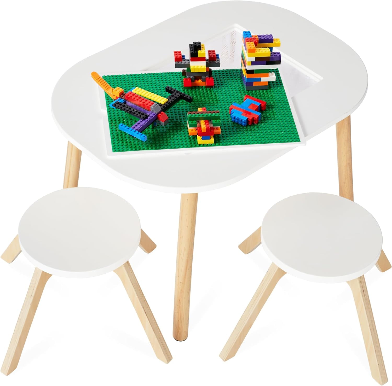 White and Natural Wood Kids Building Block Table with Stools